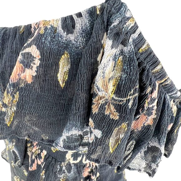 Rebecca Taylor Silk Floral Metallic Double Ruffle One-Shoulder Blue Top Size 6 - Picture 9 of 16